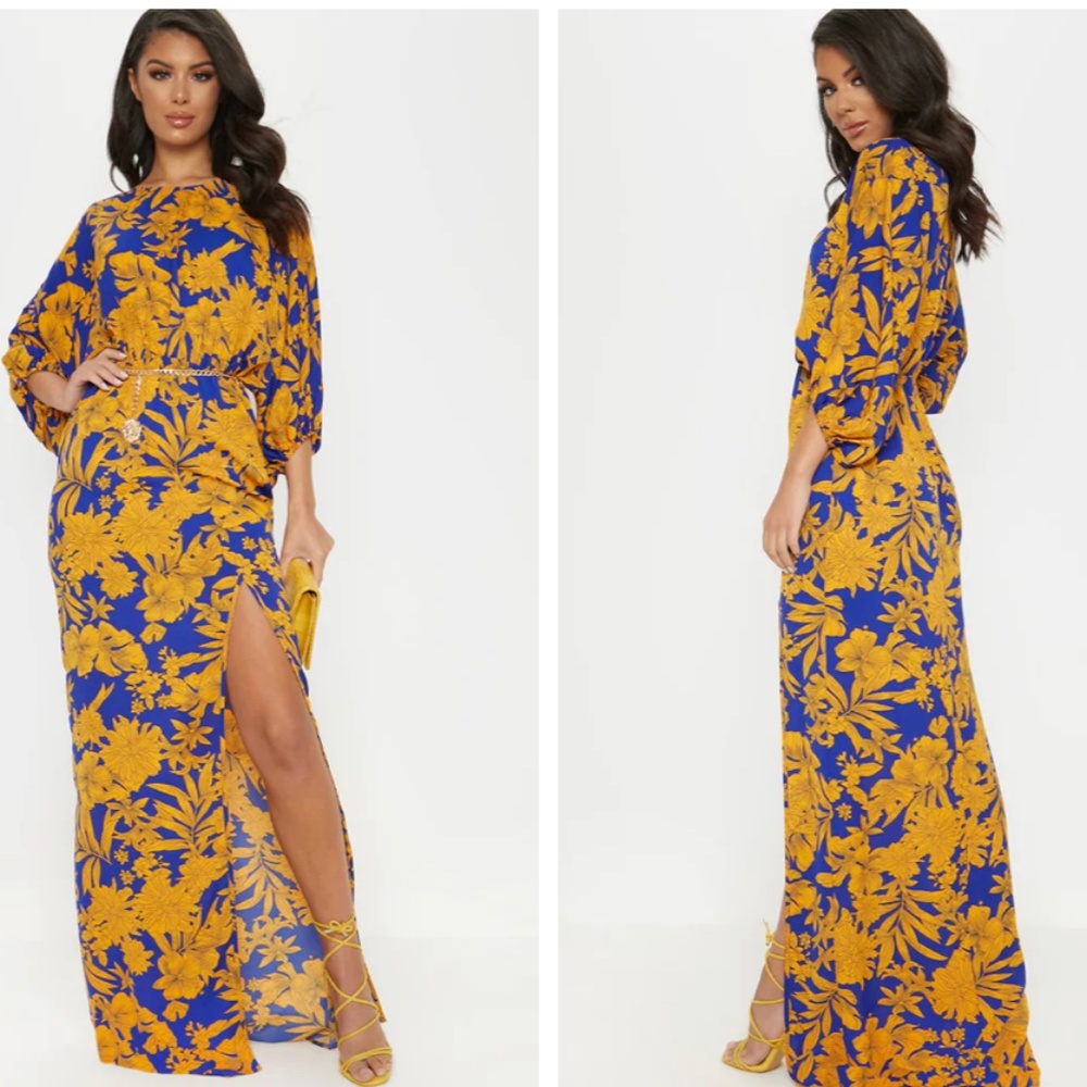 New!!!  Pretty Little Thing Cobalt Tropical Print Split Leg Maxi Dress